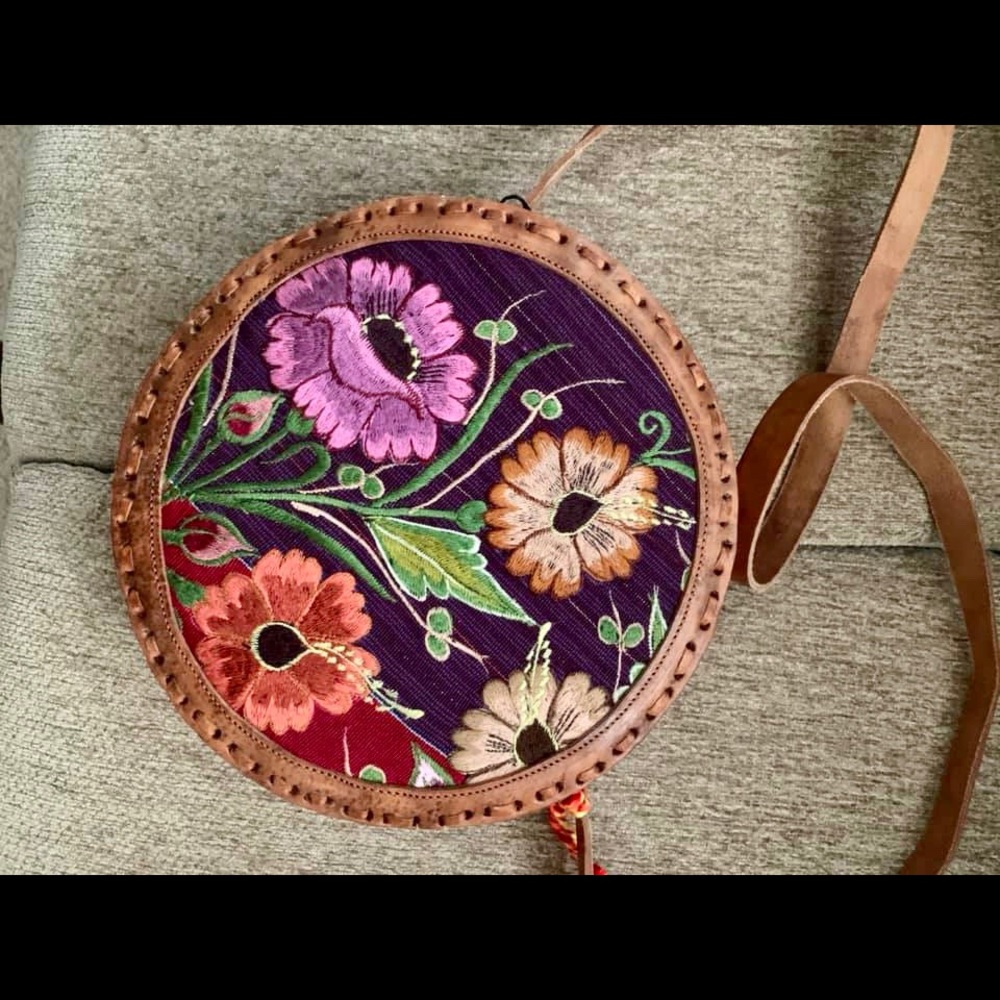 Mexican huipil leather round bag